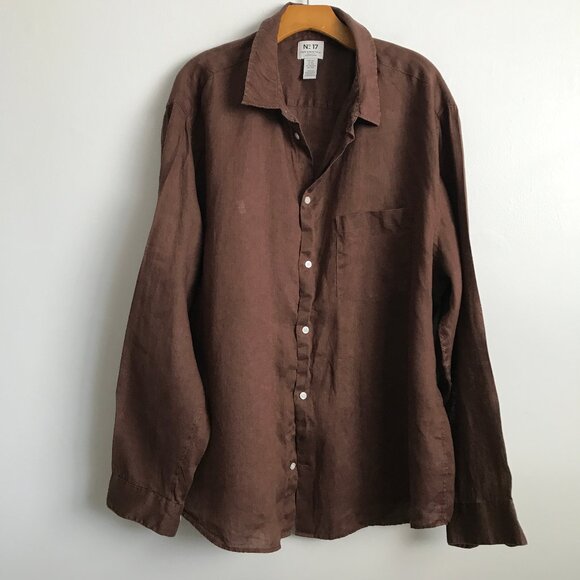 NO 17 H&M Linen Shirt Brown Button Down Long Sleeve Mens 2XL - Picture 1 of 9